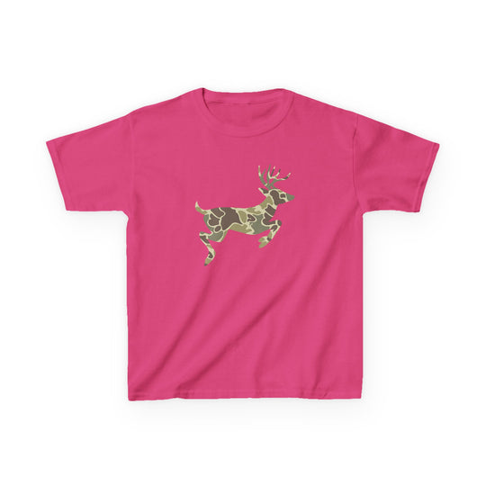 Camo Deer Kids Tee: A hot-pink, short-sleeve T-shirt featuring a camo-patterned leaping deer graphic, crafted from soft, durable 100% cotton for everyday wear.