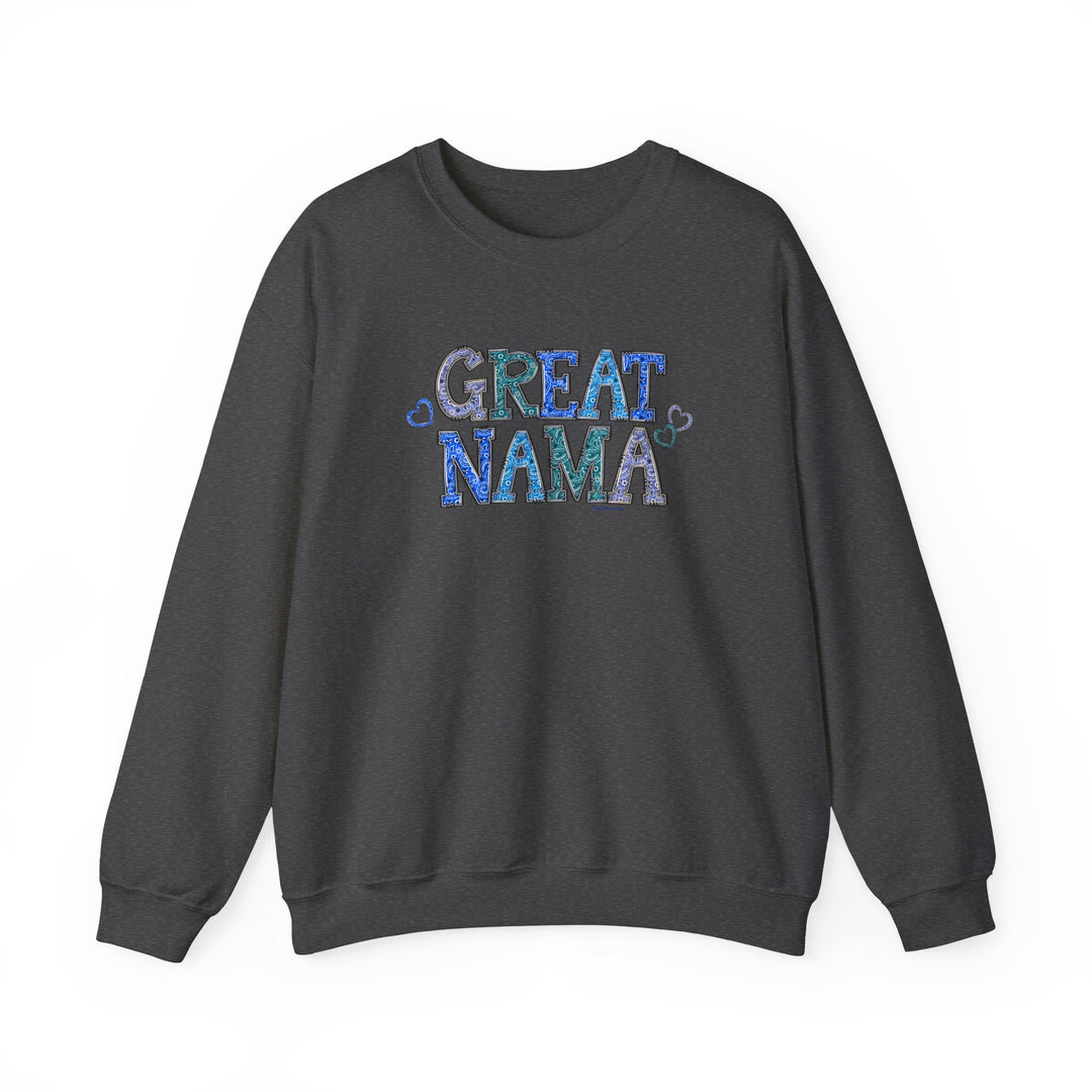 A unisex heavy blend crewneck sweatshirt, Great Nama Crew, in medium-heavy fabric with ribbed knit collar. Features 50% cotton, 50% polyester, loose fit, and no itchy side seams. Sizes S-5XL.