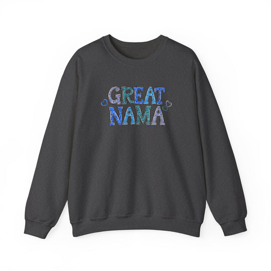 A unisex heavy blend crewneck sweatshirt, Great Nama Crew, in medium-heavy fabric with ribbed knit collar. Features 50% cotton, 50% polyester, loose fit, and no itchy side seams. Sizes S-5XL.