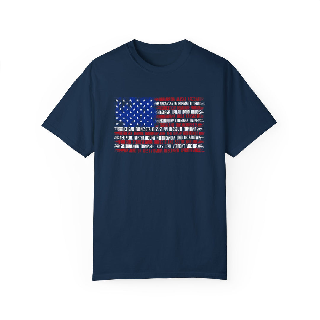 Blue State Flag Tee: Garment-dyed shirt in 100% ring-spun cotton, featuring a flag design. Medium weight, relaxed fit with double-needle stitching for durability. No side-seams for a tubular shape.