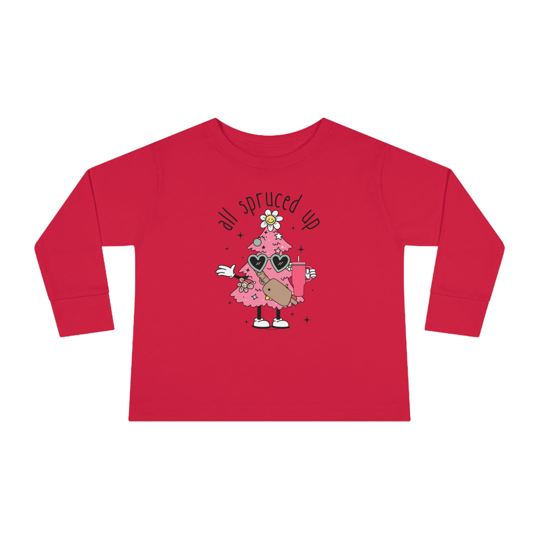 A durable toddler long-sleeve tee featuring a cartoon Christmas tree design on red fabric. Made of 100% combed ringspun cotton, with topstitched ribbed collar for comfort and EasyTear™ label for sensitive skin.