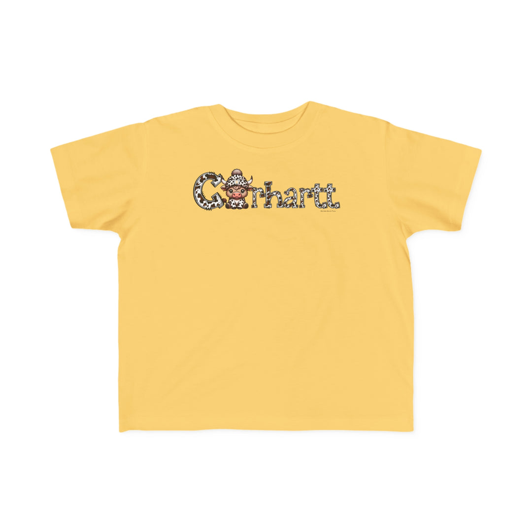 A durable Cowhartt Cow Toddler Tee with a cartoon cow wearing a hat logo, perfect for sensitive skin. 100% combed ringspun cotton, light fabric, tear-away label, classic fit. Sizes: 2T, 3T, 4T, 5-6T.