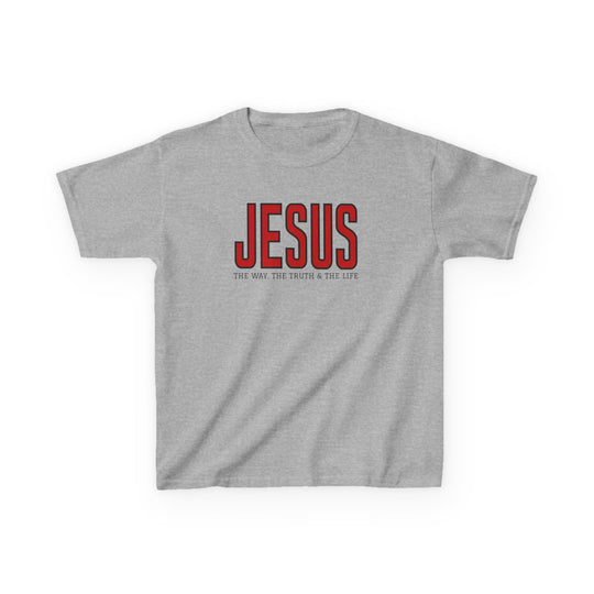 Light-gray kids' tee with JESUS in red and THE WAY, THE TRUTH & THE LIFE below in black, designed for comfort and durability.