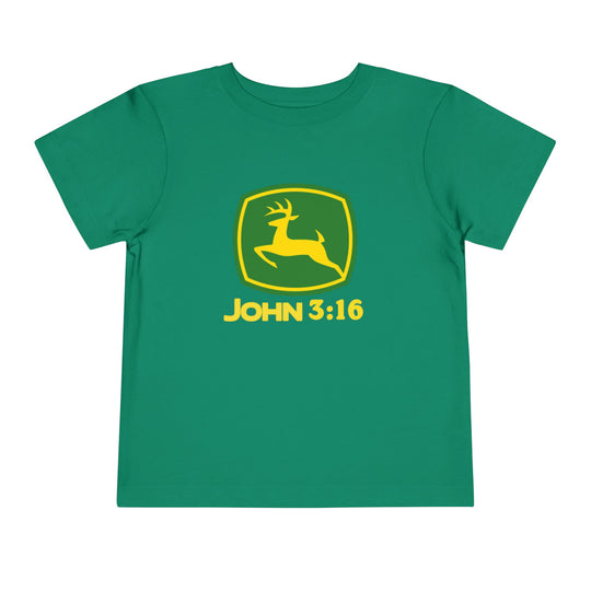 John 3:16 Toddler Tee features a playful spoof of the John Deere logo with a leaping deer, crafted from soft, comfortable cotton for kids.