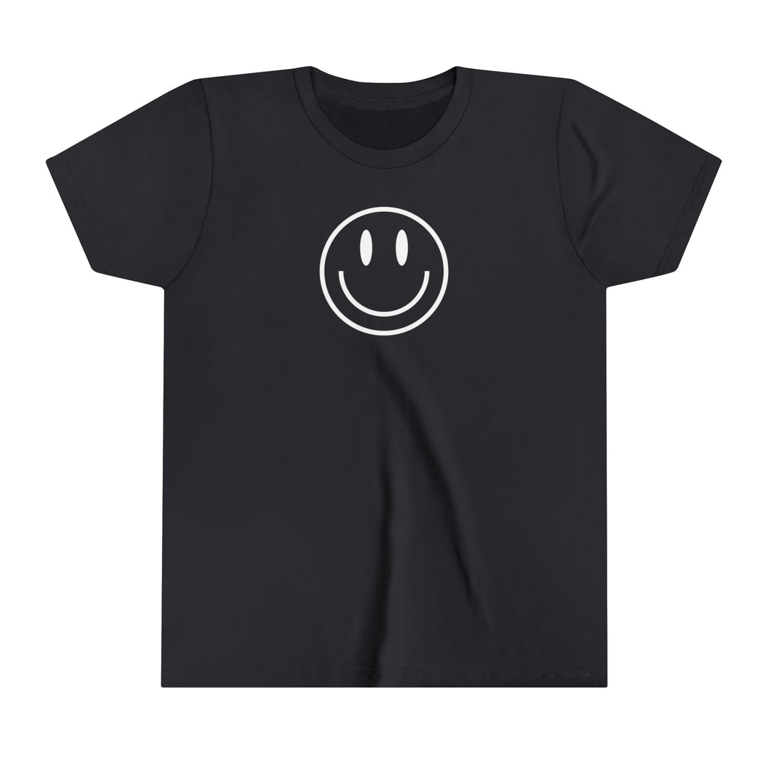 Youth black t-shirt with smiley face design. Lightweight, ring-spun cotton for custom artwork. Side seams maintain shape, tape on shoulders for longer fit, and extra elastic collar. Be the Reason Kids Tee.