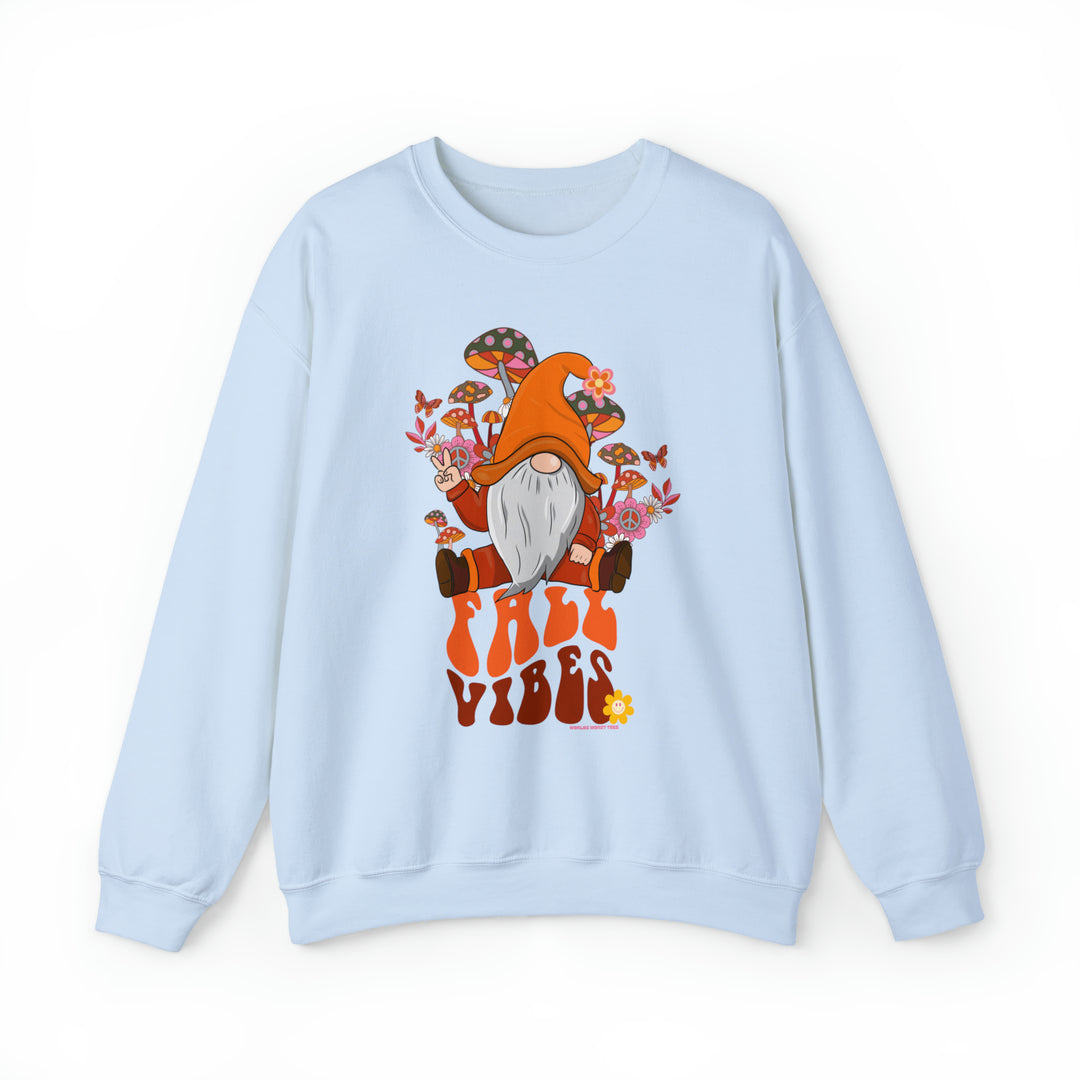 A cozy Fall Vibes Crew unisex sweatshirt featuring a cartoon gnome design. Made of 50% cotton, 50% polyester with ribbed knit collar, loose fit, and no itchy side seams. Sizes S-5XL.