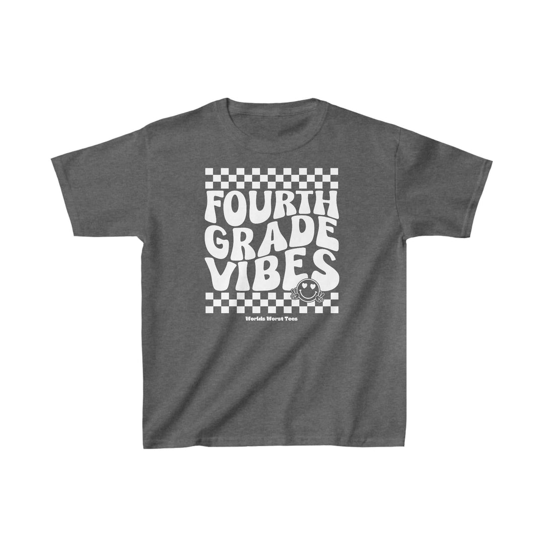 A kids' grey t-shirt with 4th Grade Vibes text. 100% cotton, light fabric, classic fit, tear-away label. Ideal for everyday wear. Shoulders with twill tape for durability, no side seams.