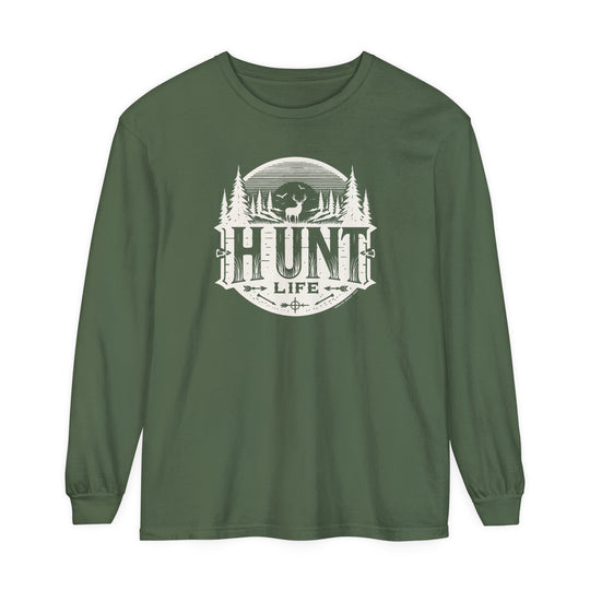 A Hunt Life Long Sleeve T-Shirt featuring a green shirt with a deer and trees logo. Made of 100% ring-spun cotton for softness and style. Classic fit with garment-dyed fabric for comfort.