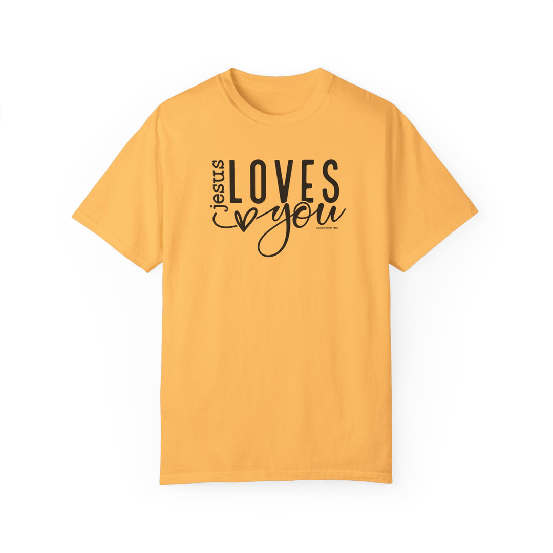 Relaxed fit Jesus Loves You Tee, crafted from 100% ring-spun cotton. Garment-dyed for extra coziness, featuring durable double-needle stitching and a seamless design for a tubular shape.