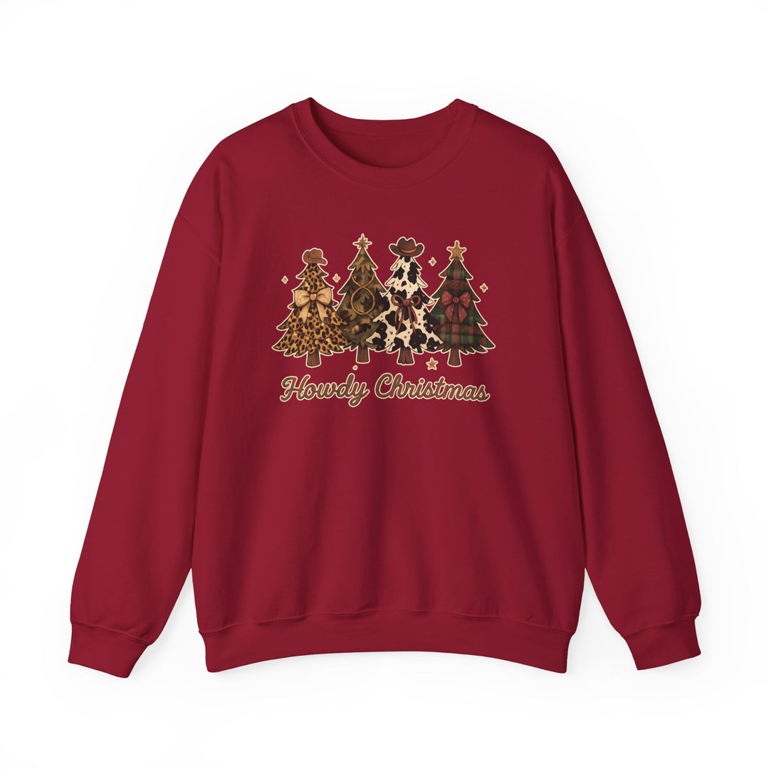 Howdy Christmas Crew sweatshirt featuring stylized Christmas trees with western motifs and cowboy hats, offering a unique, comfortable unisex fit from Worlds Worst Tees.
