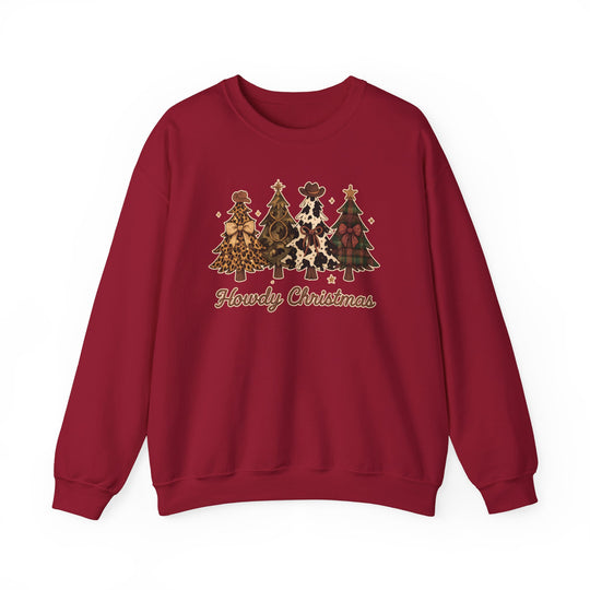 Howdy Christmas Crew sweatshirt featuring stylized Christmas trees with western motifs and cowboy hats, offering a unique, comfortable unisex fit from Worlds Worst Tees.