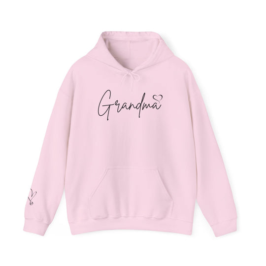 A pink Grandma Love Hoodie, a cozy blend of cotton and polyester, featuring a kangaroo pocket and matching hood drawstring. Unisex, heavy fabric for warmth and comfort. Ideal for chilly days.