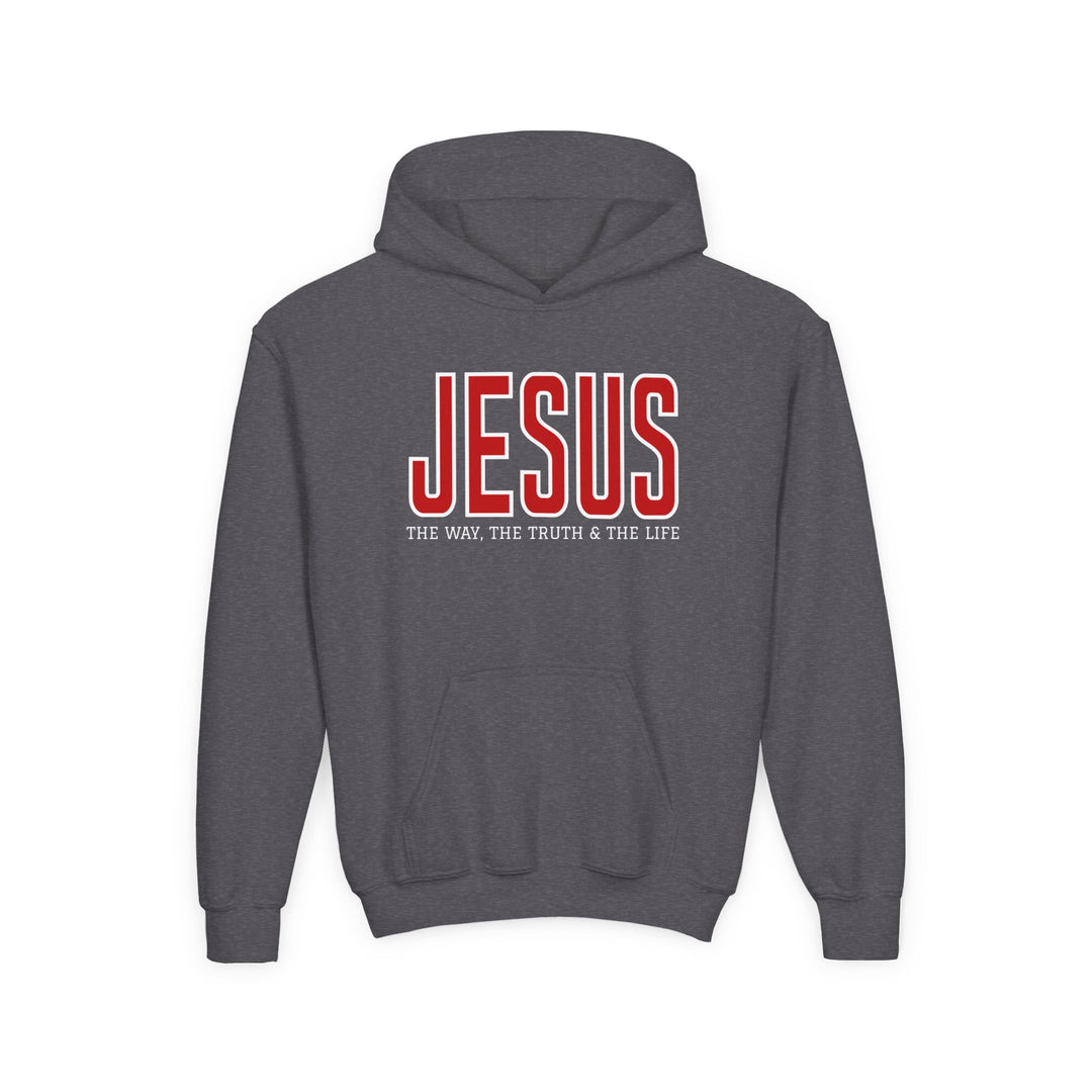 Charcoal-gray hoodie with JESUS in red and THE WAY, THE TRUTH & THE LIFE beneath, featuring a kangaroo pocket for a comfortable, faith-inspired design.