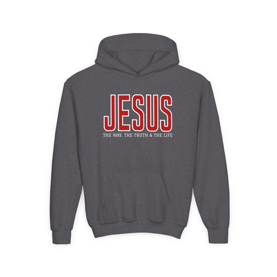 Charcoal-gray hoodie with JESUS in red and THE WAY, THE TRUTH & THE LIFE beneath, featuring a kangaroo pocket for a comfortable, faith-inspired design.