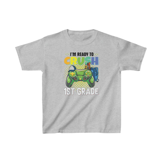 Kids tee featuring a video game controller design, ideal for everyday wear. Made of 100% cotton, with twill tape shoulders for durability and a curl-resistant collar. Classic fit, tear-away label, perfect for 1st graders.