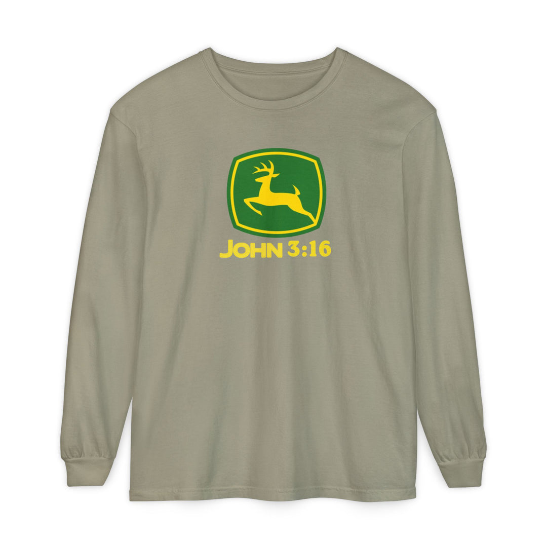 John 3:16 Long Sleeve Tee featuring an olive color with a yellow-and-green jumping deer logo, inspired by John Deere, and crafted from soft, 100% ring-spun cotton.
