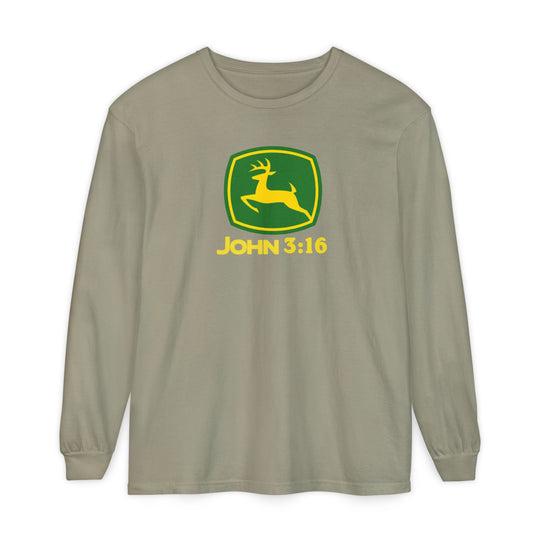 John 3:16 Long Sleeve Tee featuring an olive color with a yellow-and-green jumping deer logo, inspired by John Deere, and crafted from soft, 100% ring-spun cotton.