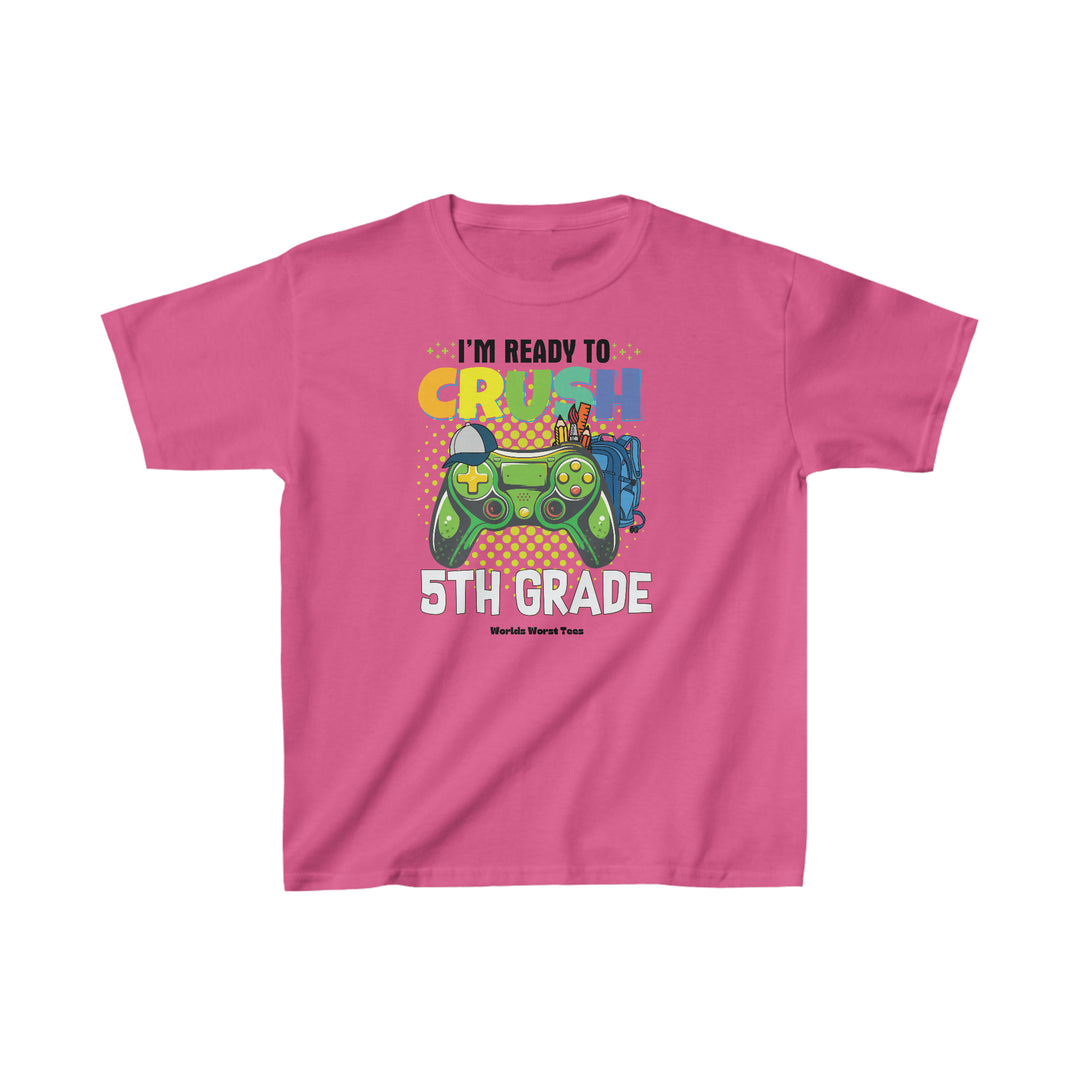 Kids pink tee featuring a cartoon video game controller design. 100% cotton, light fabric, tear-away label, classic fit. Ideal for everyday wear, ready to crush 5th grade.
