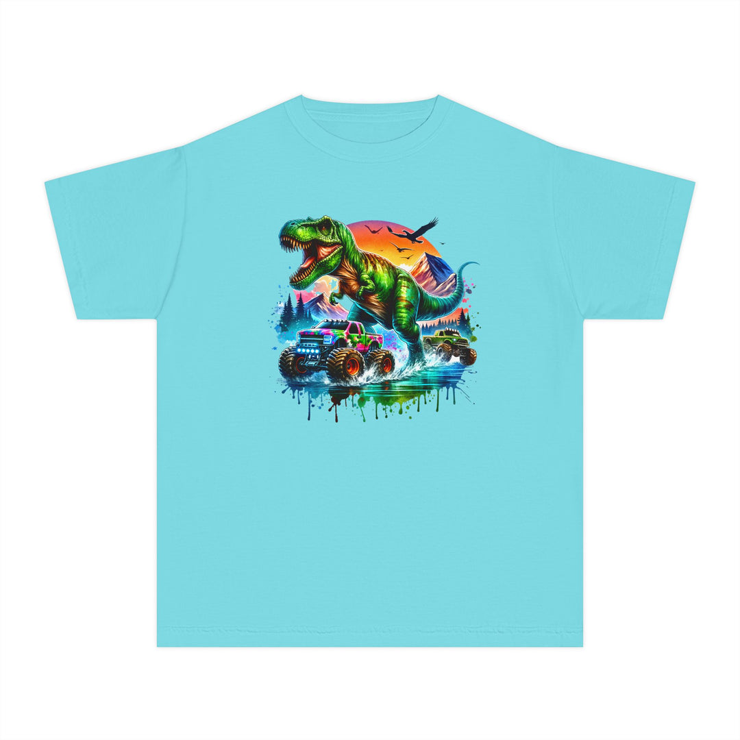 Dino Truck Kids Tee features a vibrant T-Rex and monster trucks design, perfect for active kids. Made of soft, 100% combed cotton for comfort and style.