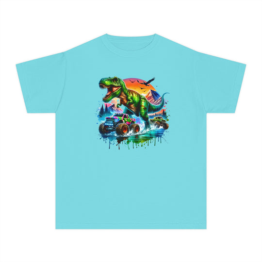 Dino Truck Kids Tee features a vibrant T-Rex and monster trucks design, perfect for active kids. Made of soft, 100% combed cotton for comfort and style.