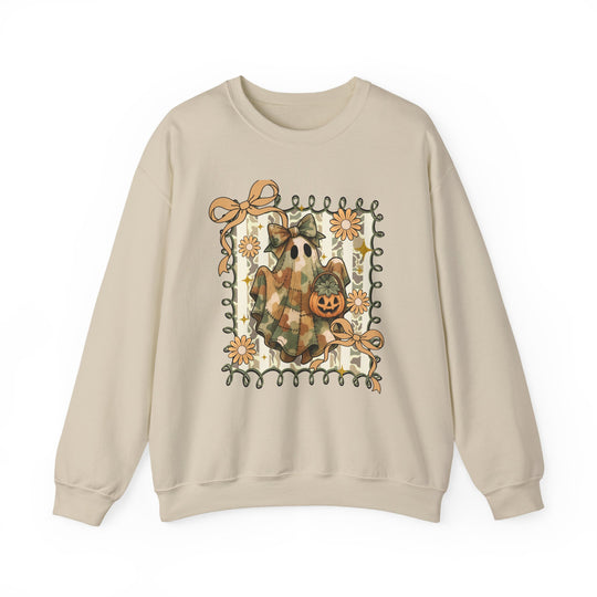 Quilted Ghost Crew sweatshirt featuring a camo-patterned ghost with a jack-o’-lantern and whimsical vine border, blending autumnal and playful spooky motifs.