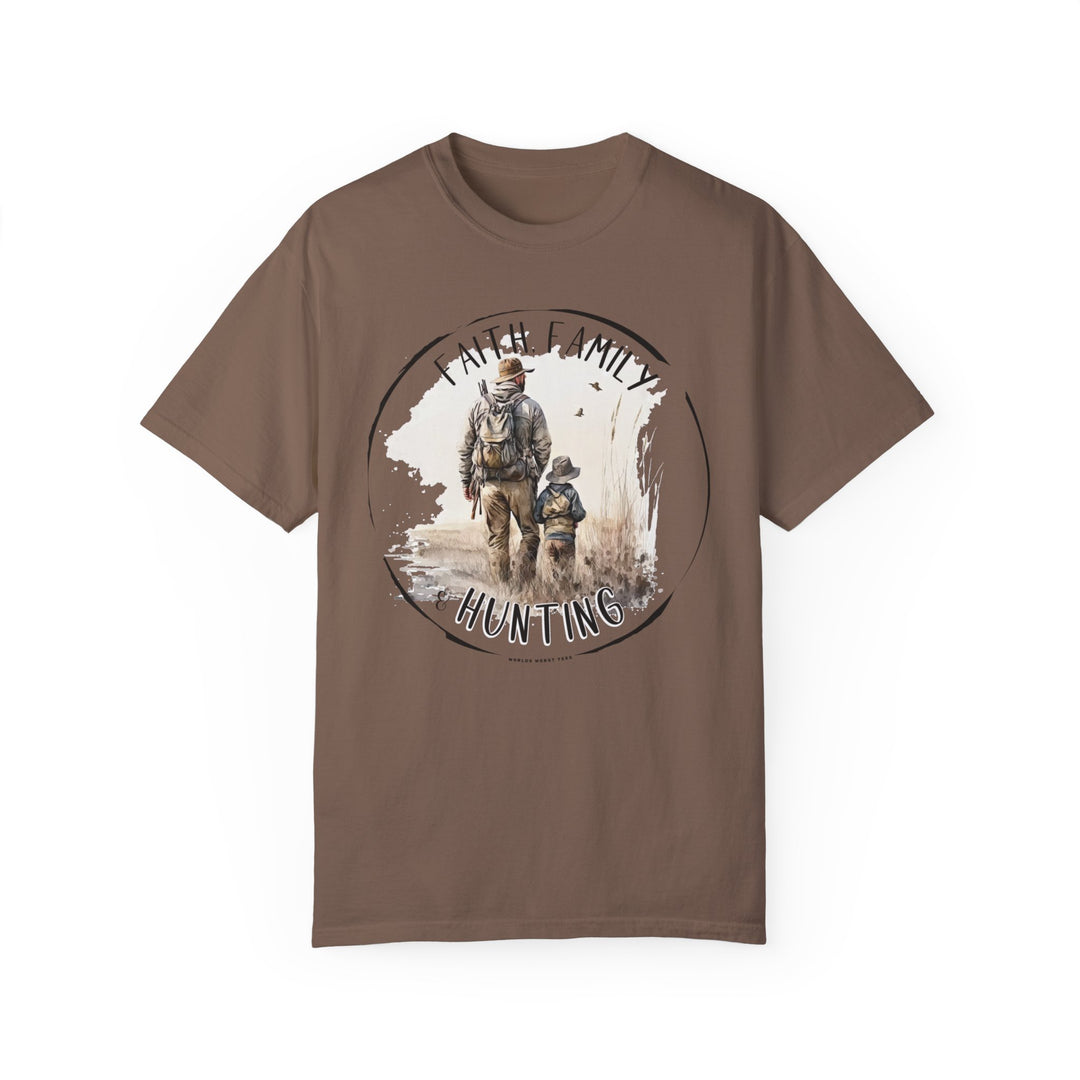 A relaxed fit Faith Family Hunting Tee featuring a man and child walking in a field on a brown garment-dyed t-shirt. Made of 100% ring-spun cotton for ultimate comfort and durability.