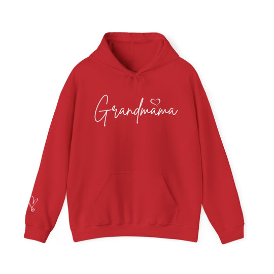 A Grandmama Hoodie, a red sweatshirt with white text, a cozy blend of cotton and polyester, featuring a kangaroo pocket and drawstring hood. Unisex, heavy fabric, classic fit. Perfect for warmth and comfort.