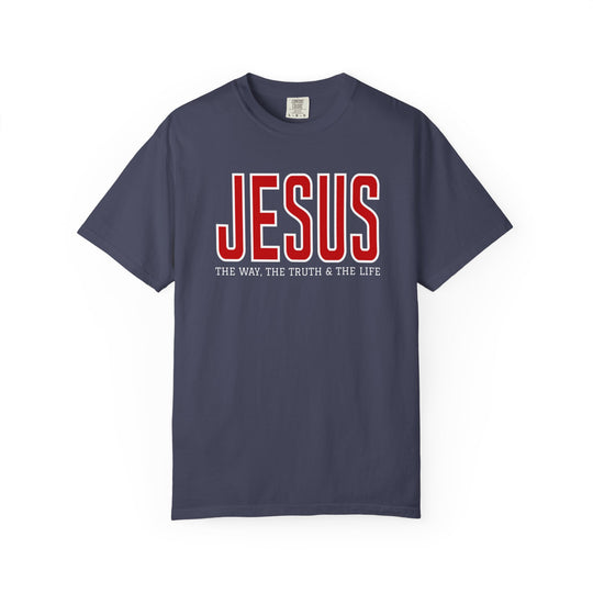 Navy-blue T-shirt with JESUS in red and THE WAY, THE TRUTH & THE LIFE in white. Relaxed fit, durable stitching, made from 100% ring-spun cotton.