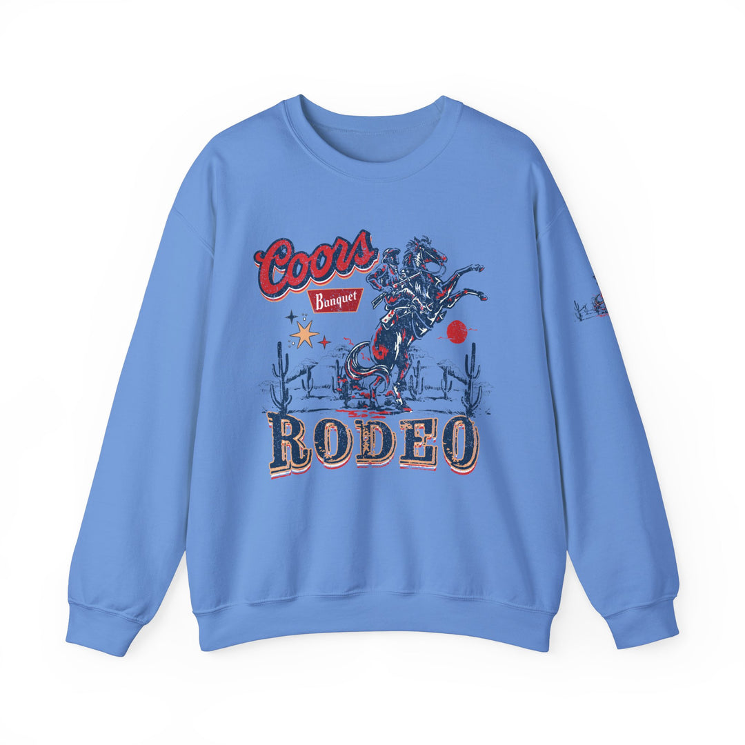 A heavy blend crewneck sweatshirt featuring a cowboy design, ideal for comfort in any situation. Made of 50% cotton and 50% polyester, with a ribbed knit collar for shape retention. Unisex sizing, runs true to size.