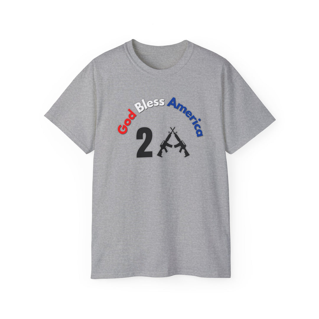 Unisex God Bless America 2A Tee on grey cotton t-shirt with text and gun images. Classic fit, ribbed collar, sustainably sourced. Ideal for patriotic statements.