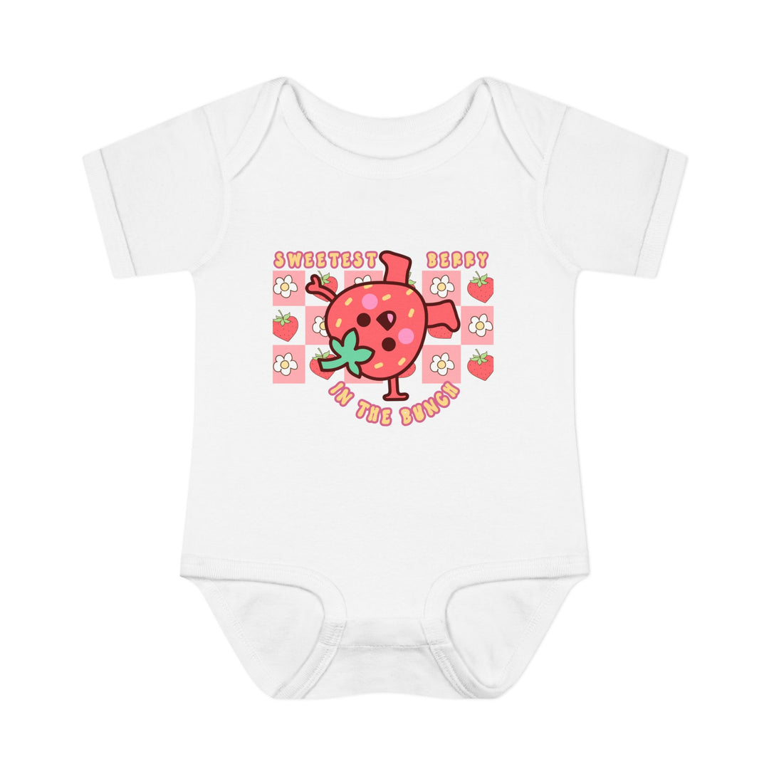 Sweetest Berry in the Bunch Onesie, featuring a soft, 100% ring-spun cotton fabric with lap shoulders, designed for infant comfort and ease of dressing.