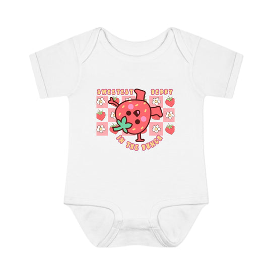 Sweetest Berry in the Bunch Onesie, featuring a soft, 100% ring-spun cotton fabric with lap shoulders, designed for infant comfort and ease of dressing.
