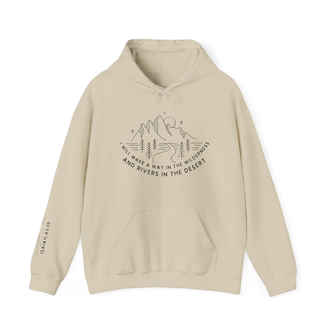 A beige unisex heavy blend hooded sweatshirt featuring a mountain logo. Plush cotton-polyester fabric, kangaroo pocket, and matching drawstring. Comfortable, warm, and stylish for cold days. From 'Worlds Worst Tees'.
