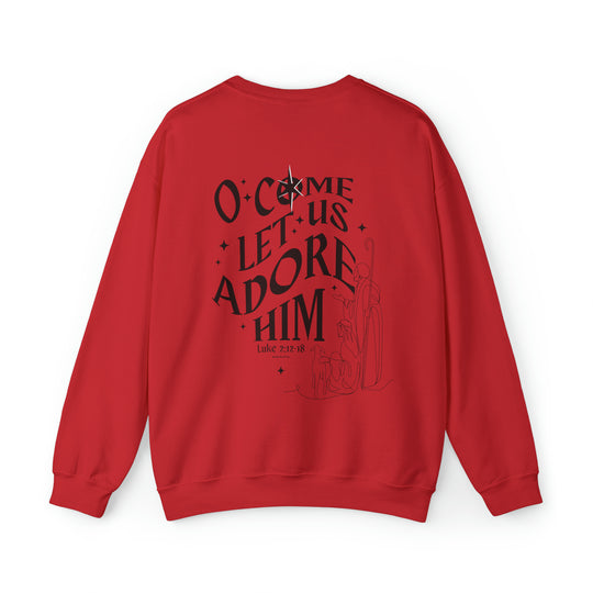 Unisex heavy blend crewneck sweatshirt featuring O come let us adore him Crew design. Ribbed knit collar, no itchy side seams, 50% cotton, 50% polyester, loose fit. Sizes S-5XL. Sewn-in label.