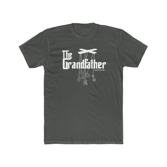 A relaxed fit Grandfather Tee in grey with white text. 100% ring-spun cotton, medium weight, durable double-needle stitching, and seamless design for comfort. From Worlds Worst Tees.