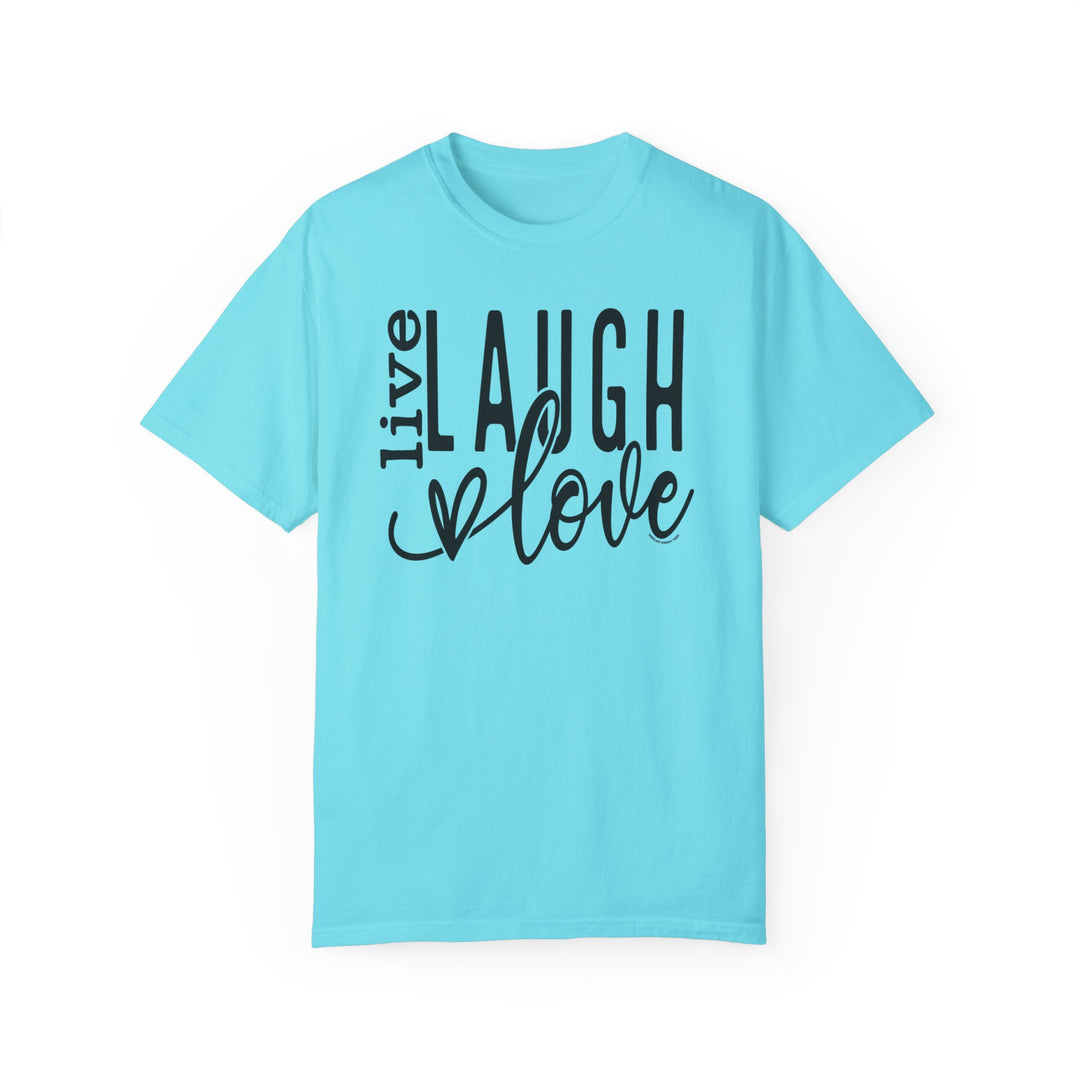 A relaxed fit Live Laugh Love Tee crafted from 100% ring-spun cotton. Garment-dyed for extra coziness, featuring double-needle stitching for durability and a seamless design for a tubular shape.