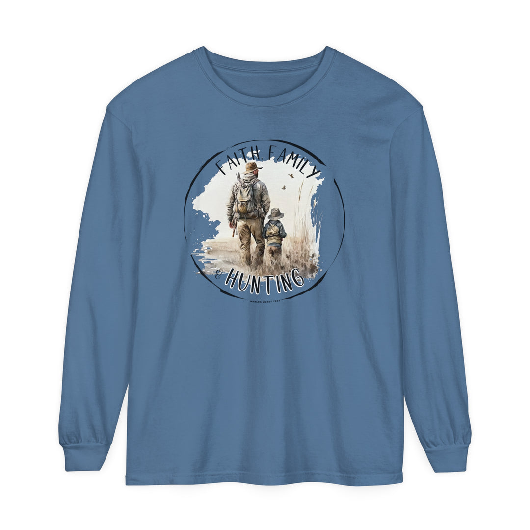 A blue Faith Family Hunting Long Sleeve T-Shirt featuring a man and child walking in a field. Made of 100% ring-spun cotton with a relaxed fit for comfort. Ideal for casual wear.