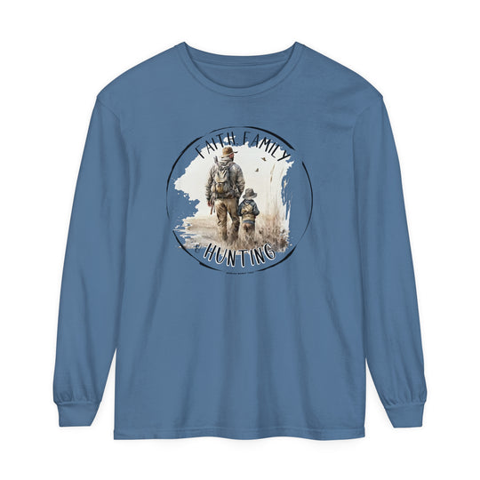 A blue Faith Family Hunting Long Sleeve T-Shirt featuring a man and child walking in a field. Made of 100% ring-spun cotton with a relaxed fit for comfort. Ideal for casual wear.