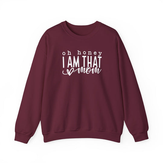 Unisex heavy blend crewneck sweatshirt, Oh Honey I'm that Mom Crew. 50% cotton, 50% polyester, ribbed knit collar, no itchy side seams, loose fit, medium-heavy fabric. Sizes: S-5XL.