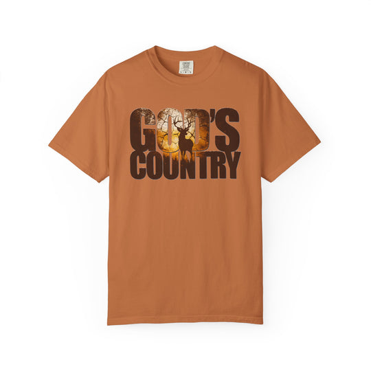 Burnt-orange crew neck T-shirt with GOD'S COUNTRY graphic featuring a silhouetted deer, showcasing Comfort Colors' relaxed fit and durable design.