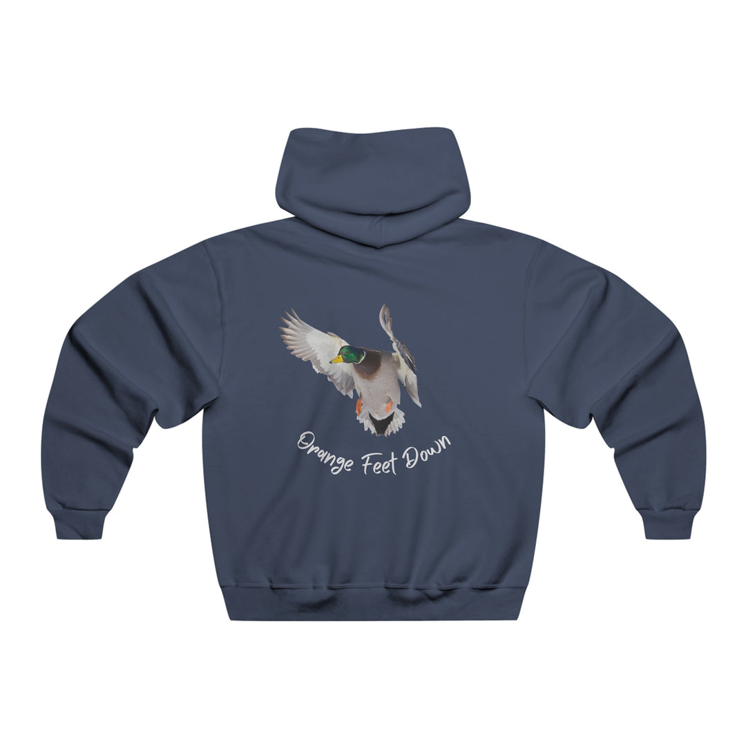 A JERZEES NuBlend® hooded sweatshirt featuring a bird design, with a duck flying and spread wings. Made of 50% cotton and 50% polyester, pre-shrunk, loose fit, and a front pouch pocket.