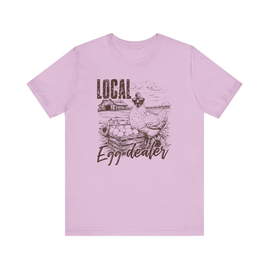 Unisex jersey tee with Local Egg Dealer graphic, featuring ribbed knit collars and tapered shoulders for a comfortable fit. Made with soft, breathable Airlume cotton.