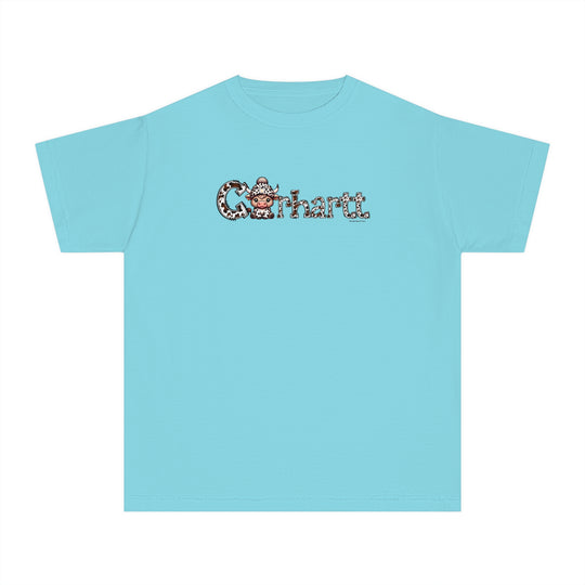 Kid's Cowhartt Cow Tee: Blue t-shirt featuring a cartoon cow with horns and a hat. 100% combed ringspun cotton, soft-washed, and garment-dyed for comfort and durability. Ideal for active kids.