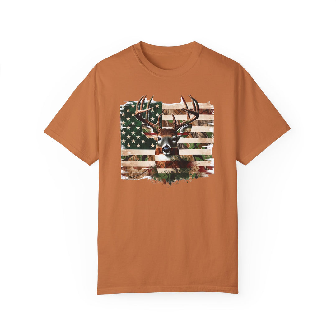 A relaxed fit Deer Flag Tee, 100% ring-spun cotton, medium weight, garment-dyed for coziness. Double-needle stitching, no side-seams for durability and shape retention. Ideal for daily wear.