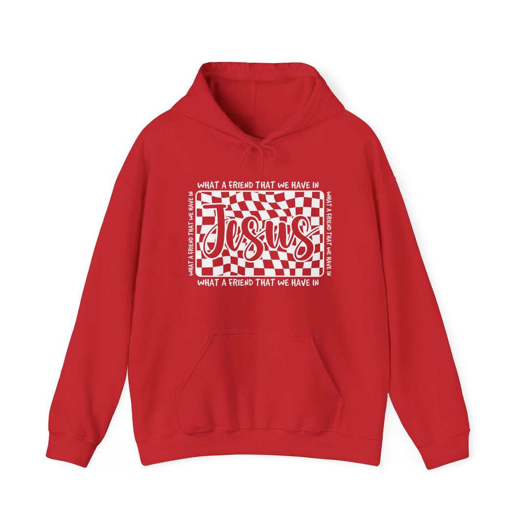 Red pullover hoodie with What a Friend We Have in Jesus wavy checkerboard graphic; features kangaroo pocket and color-matched drawstring.