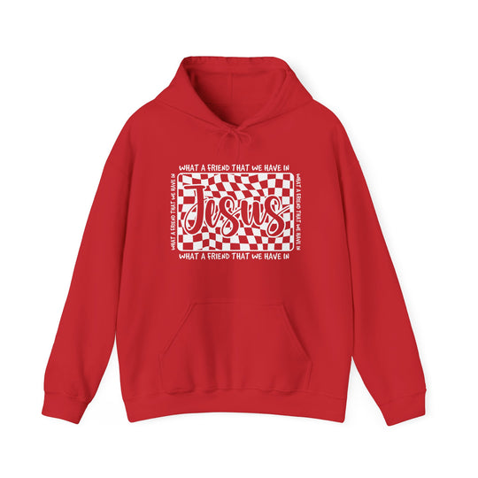 Red pullover hoodie with What a Friend We Have in Jesus wavy checkerboard graphic; features kangaroo pocket and color-matched drawstring.