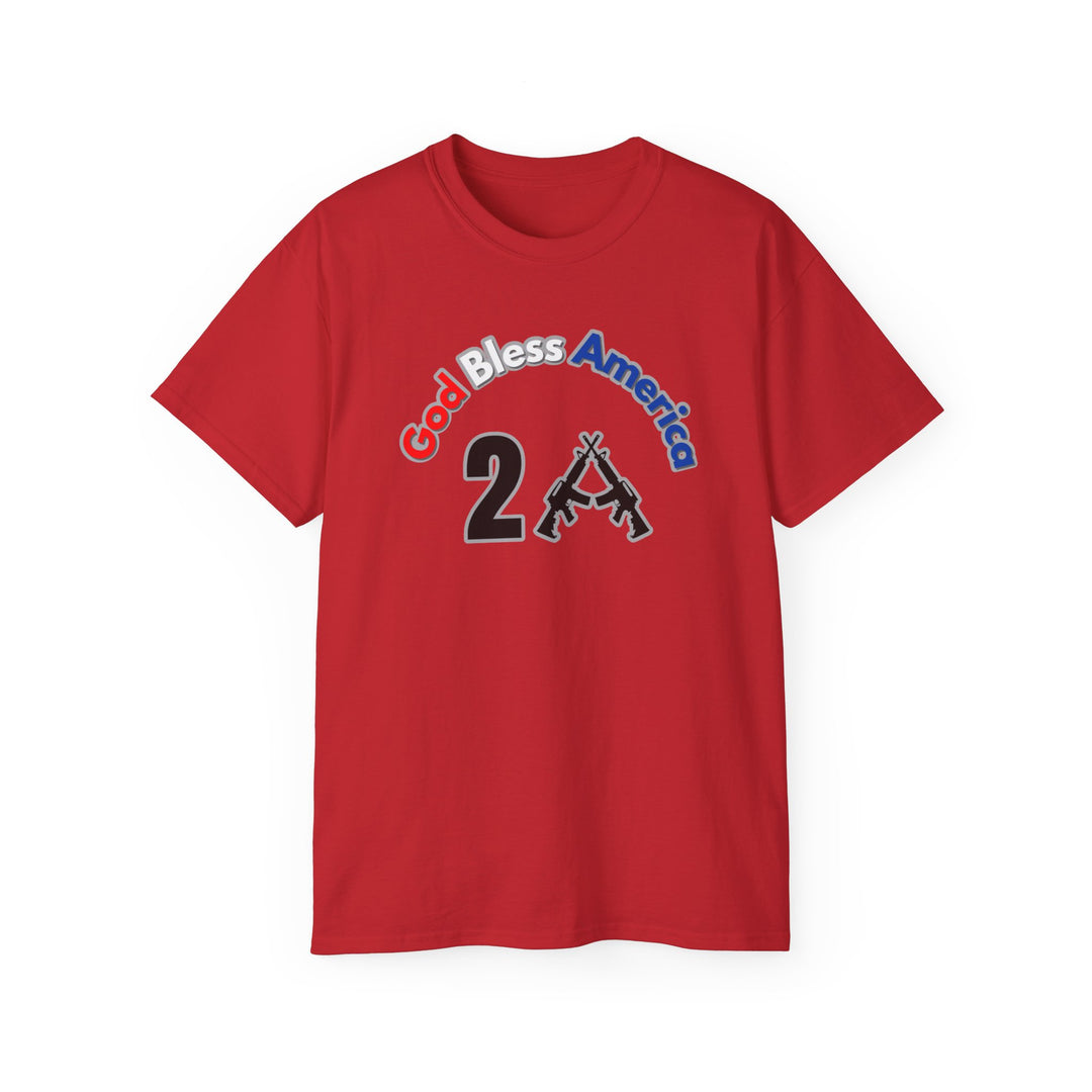 Red shirt with a graphic gun design, featuring God Bless America 2A Tee title. Unisex ultra cotton tee with ribbed collar, sustainably sourced 100% cotton, tear-away label, and classic fit.