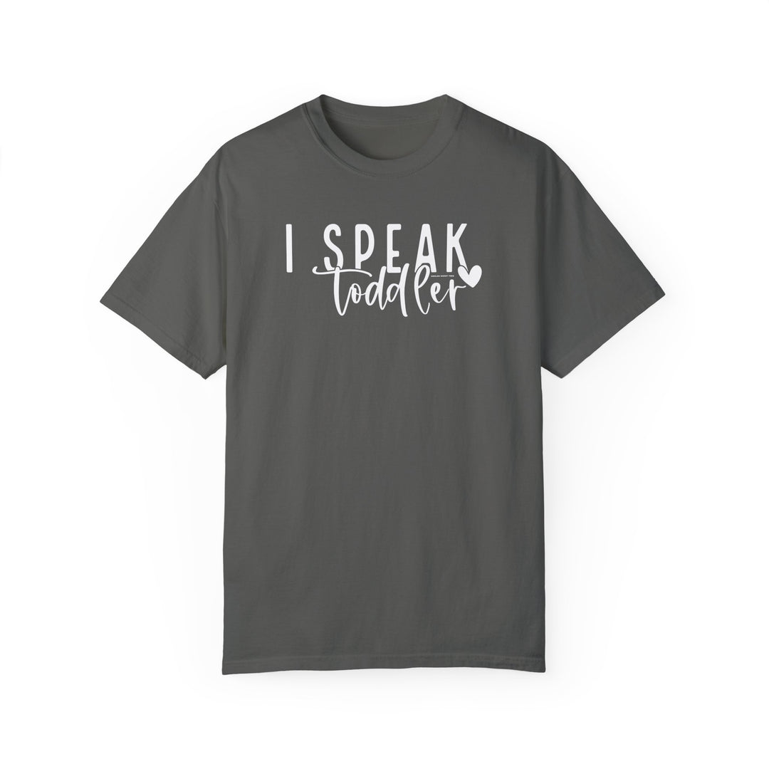 Relaxed fit I Speak Toddler Tee in grey, 100% ring-spun cotton. Soft-washed, durable fabric with double-needle stitching, no side-seams for a tubular shape. Medium weight, cozy wardrobe staple.