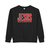 Black crewneck sweatshirt for toddlers with bold red JESUS text and THE WAY, THE TRUTH & THE LIFE phrase, offering warmth and comfort.