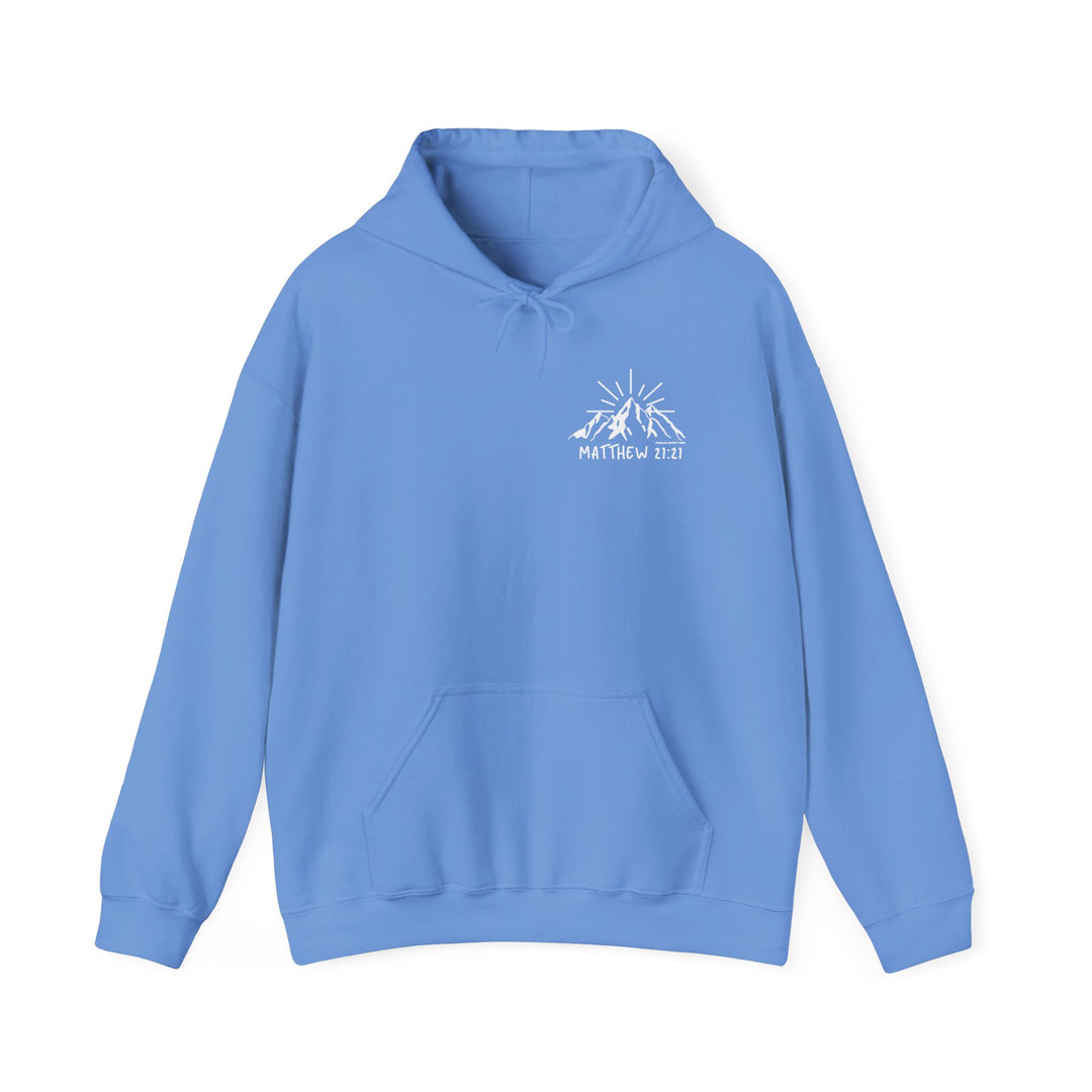 A blue Faith Can Move Mountains Hoodie, a cozy blend of cotton and polyester. Features a kangaroo pocket, drawstring hood, and classic fit. Perfect for chilly days.